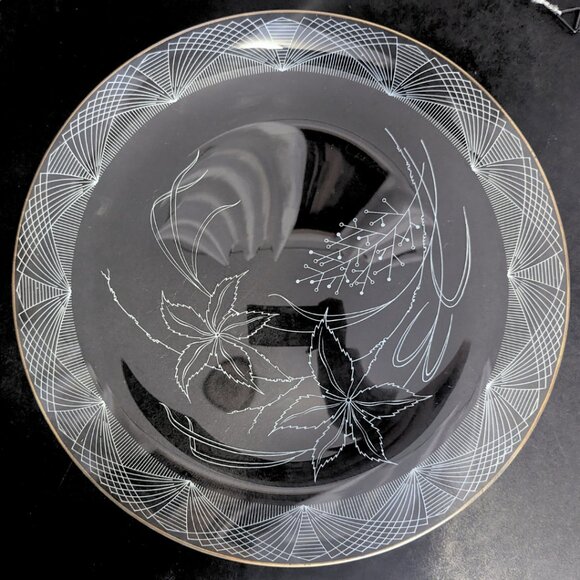 Vintage 50s Heye Filigran Glass Serving Dish Plate Platter Floral Gold Rim 12.5" - Picture 1 of 9